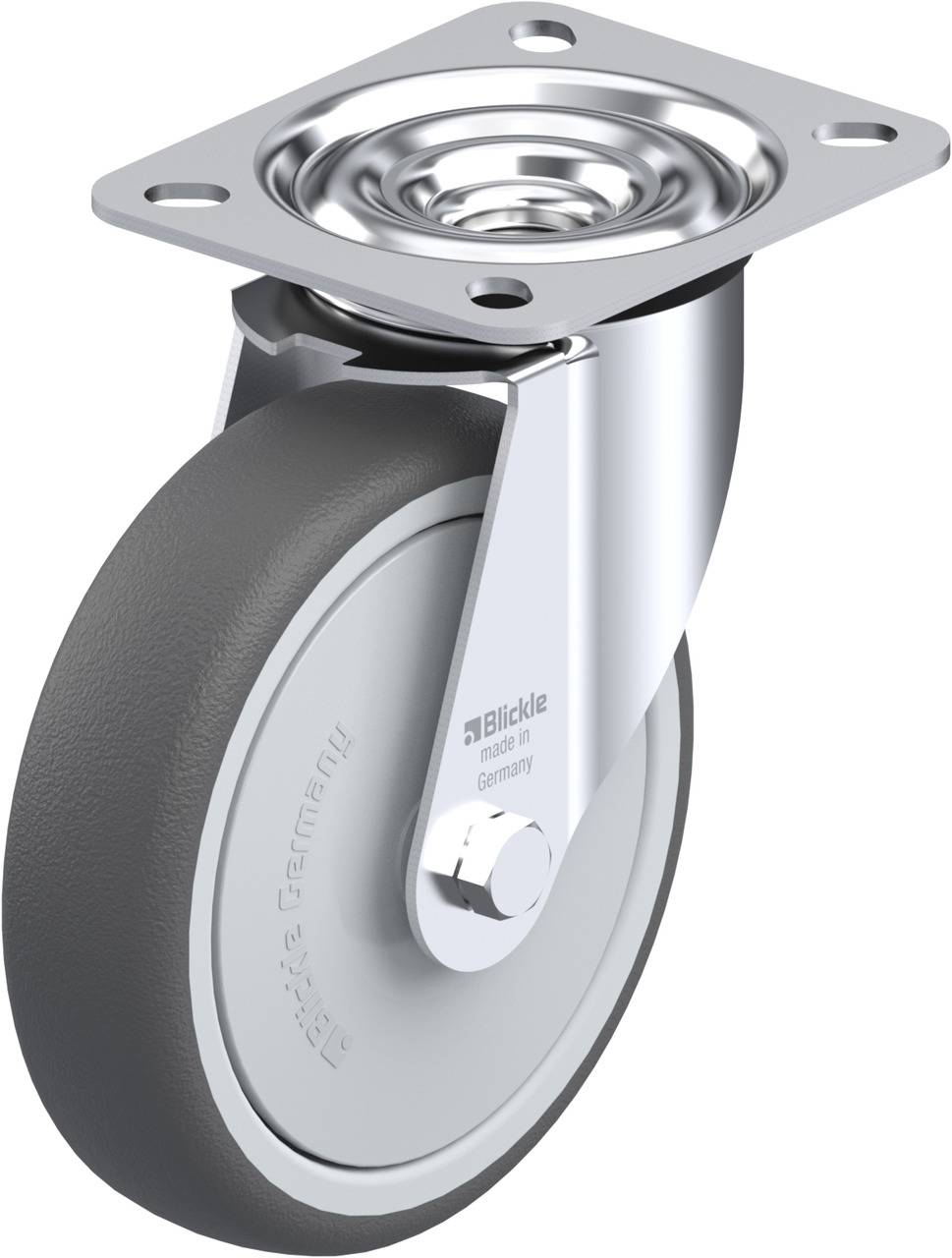 Swivel castor with grey wheel and metal base. Suitable for furniture or equipment. Brand name visible on metal component.