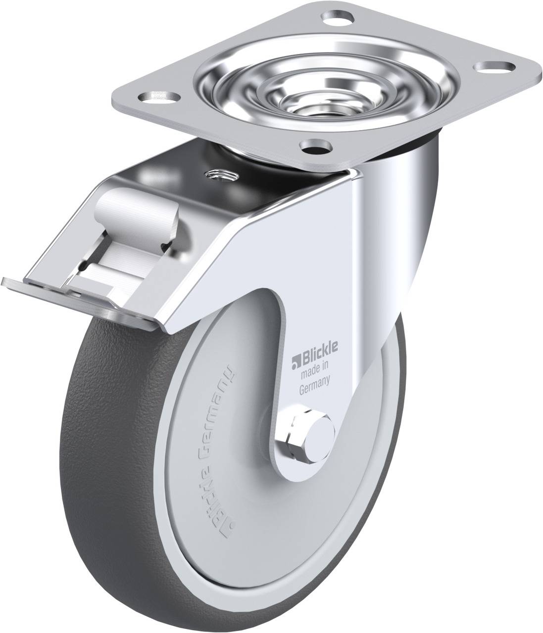 A grey castor with a metal mounting bracket and fixing plate. The castor has a brake and is suitable for furniture or transport equipment.