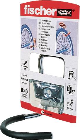Packaging for a Fischer bicycle wall hook, showing the black metal hook and mounting hardware on a red-and-white card.