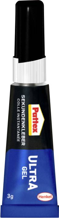 A small blue and black tube labeled 'Pattex Ultra Gel' with 'Sekundenkleber' written vertically, featuring a white cap.