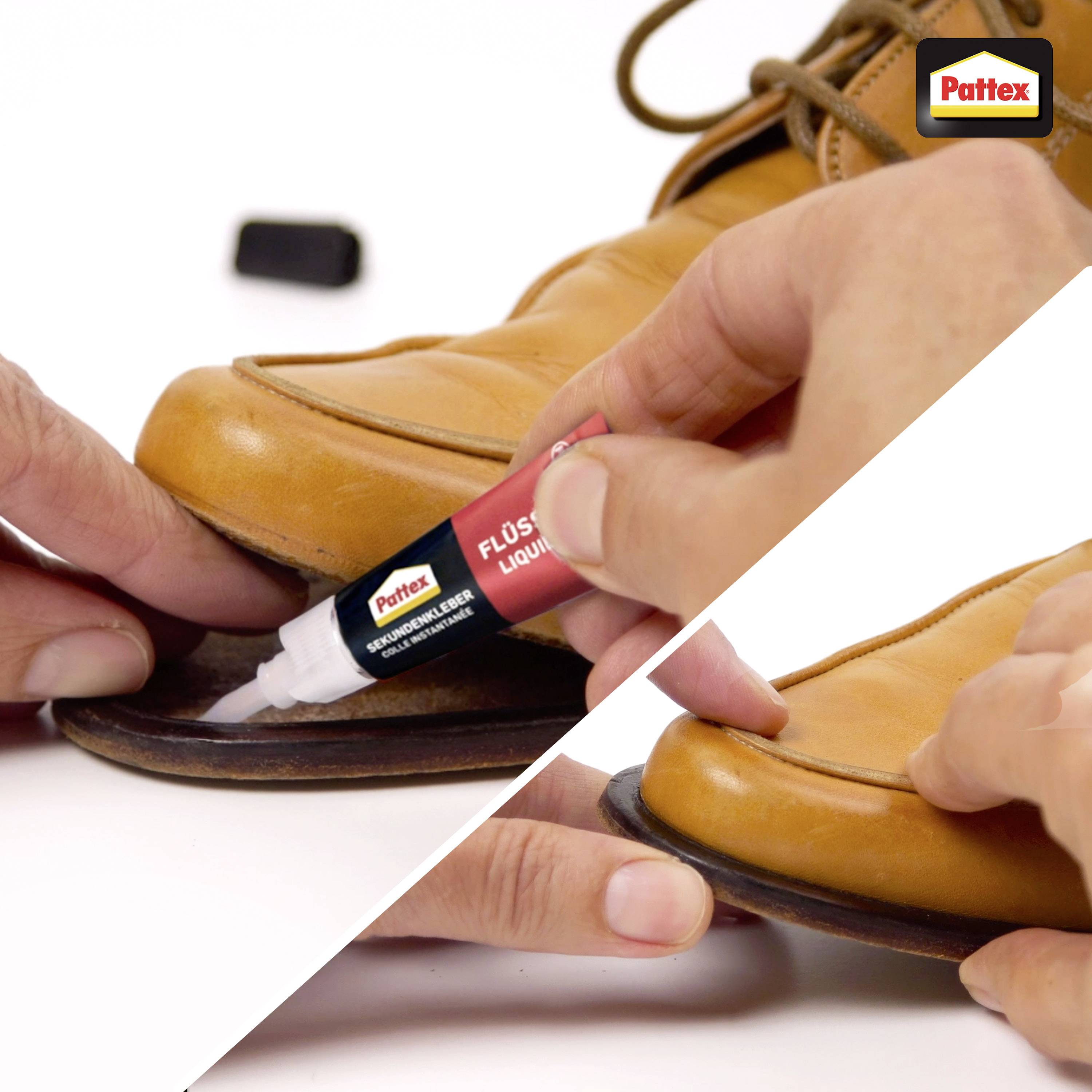 A person applying Pattex adhesive to the sole of a brown shoe, demonstrating a repair process. The adhesive tube is labeled as liquid glue.