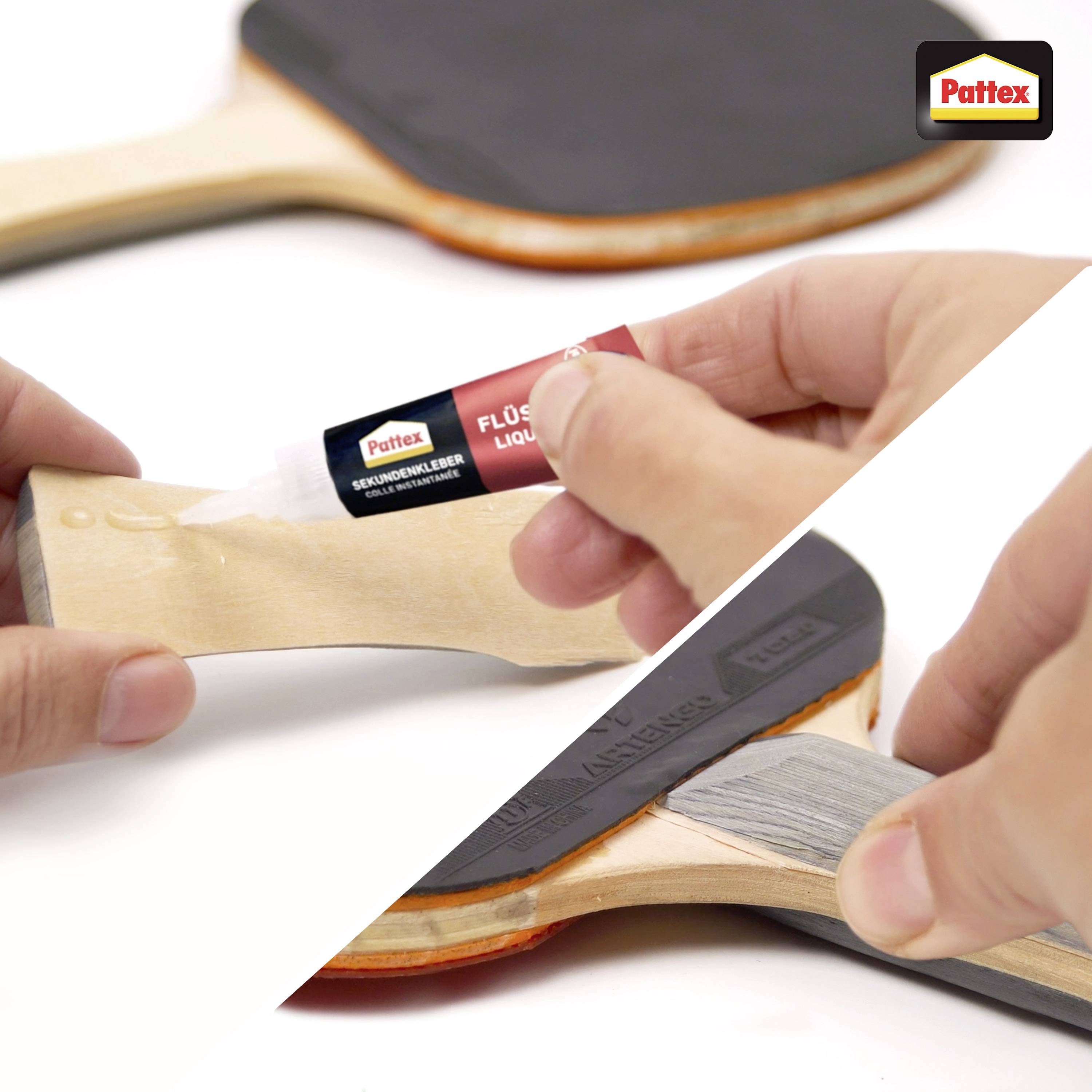 Hands applying Pattex glue to a wooden table tennis paddle handle, with the Pattex logo in the top right corner.