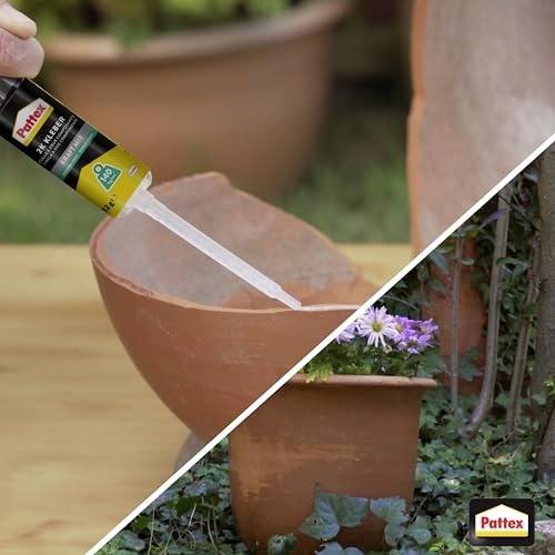 A person repairs a broken clay pot with Pattex glue. The bottom half of the image shows the repaired pot filled with flowers.