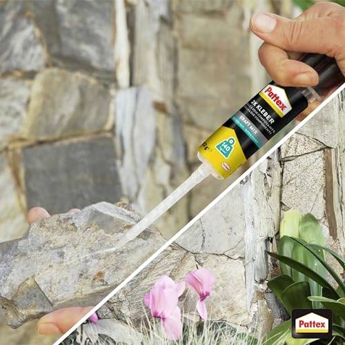 A hand applies Pattex adhesive to a stone surface in a split-image with stone and plant decor, illustrating adhesive use on outdoor materials.