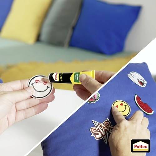A person applies glue from a Pattex tube on a smiley face patch and then attaches it to a blue fabric, demonstrating easy application.