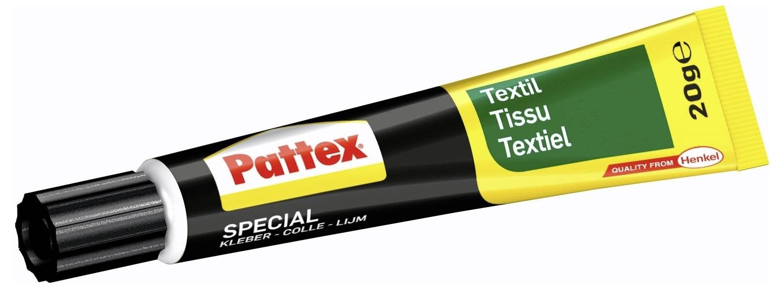A tube of Pattex textile adhesive, labeled 'Textil Tissu Textiel 20g', used for bonding fabric materials.