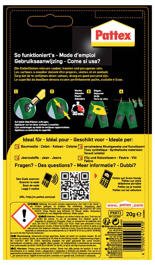'Pattex' all-purpose glue instructions in multiple languages, with diagrams showing application on fabric. Includes drying time and QR code.