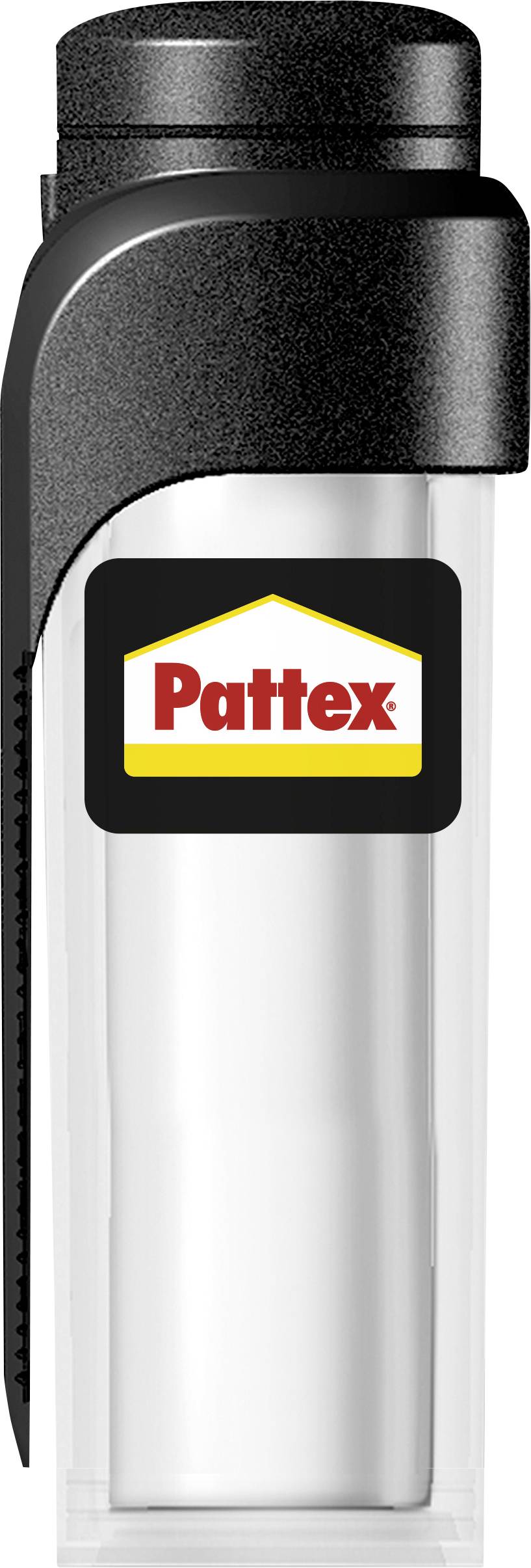 A tube of Pattex adhesive with a black cap and clear body, displaying the Pattex logo prominently on its label.