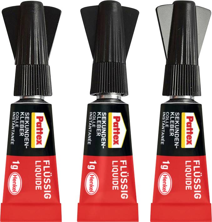 Three tubes of Pattex Sekundenkleber (super glue), each with a black cap and red body, displaying 'FLÜSSIG LIQUIDE' on the label.