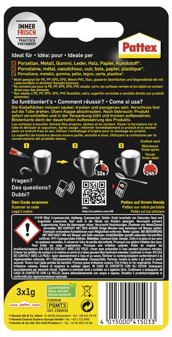 Back of a Pattex adhesive package showing instructions in multiple languages with images illustrating application on a mug.