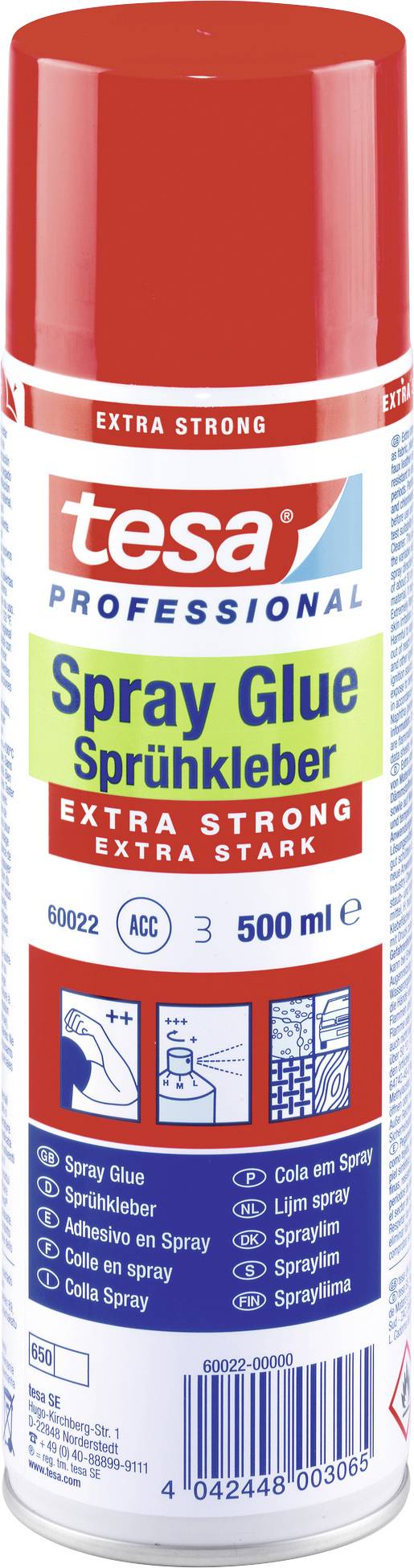 Spray adhesive can by 'tesa professional', extra strong, 500 ml. Red lid, suitable for various materials.