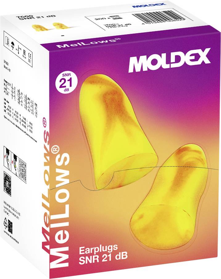Box of Moldex Mellows earplugs, labeled 'SNR 21 dB'. The image shows two bright yellow earplugs with a gradient pink and orange background.