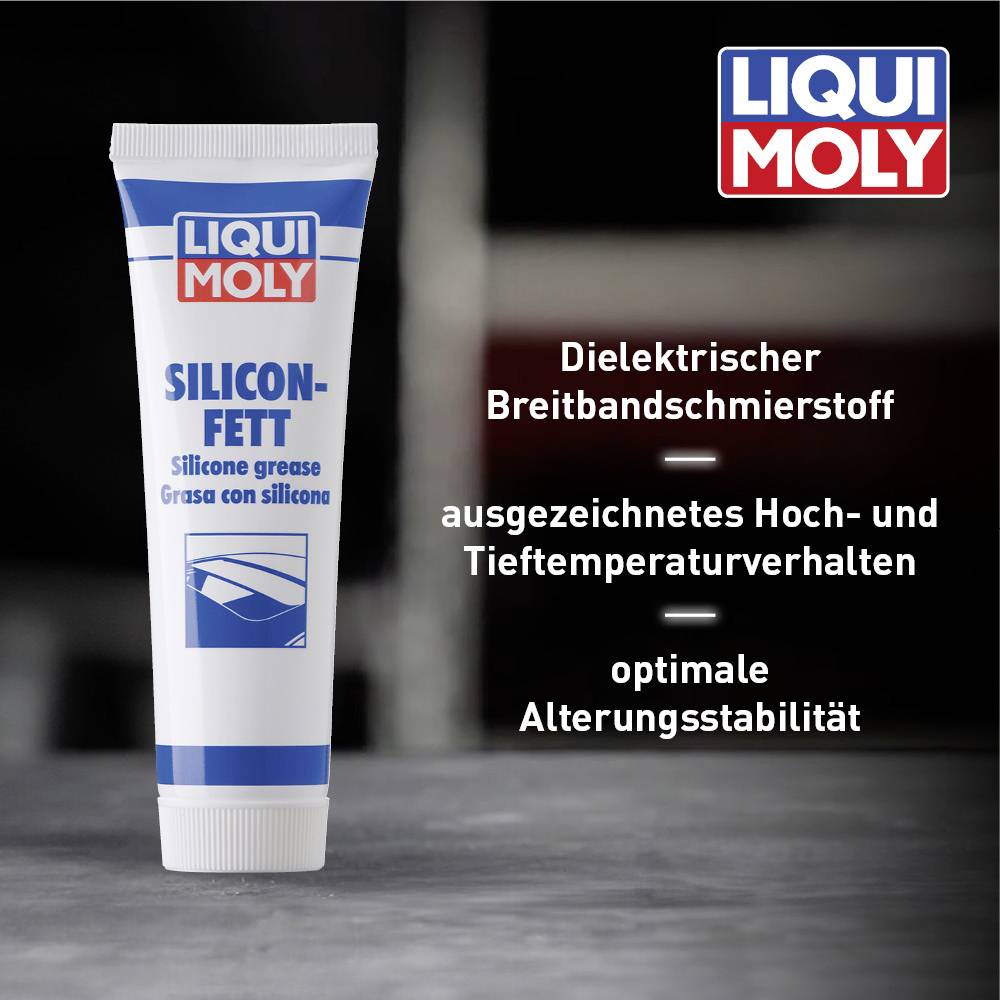 A tube of 'SILICON GREASE' by Liqui Moly on a grey background. The text beside it describes it as a dielectric lubricant with high ageing stability.