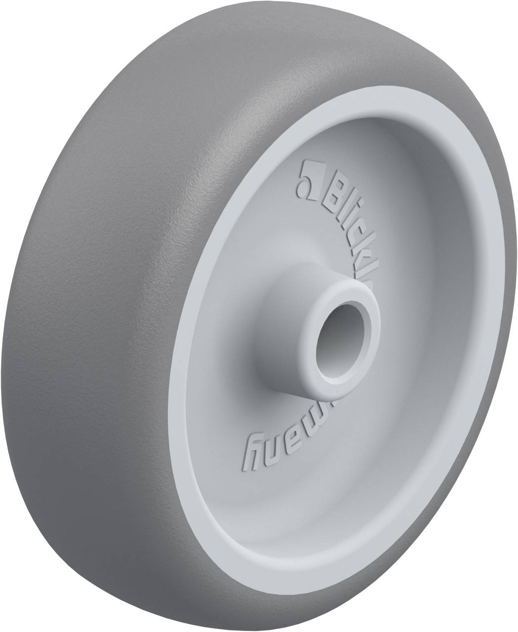 A grey plastic wheel with a smooth surface, central hole and brand embossing on the edge, suitable for furniture or equipment.
