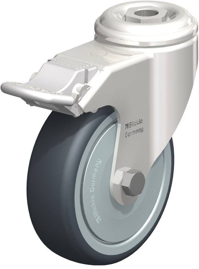 Metal-mounted castor wheel with a rubber tyre, suitable for transport equipment, marked with 'Blickle Germany' on the side.