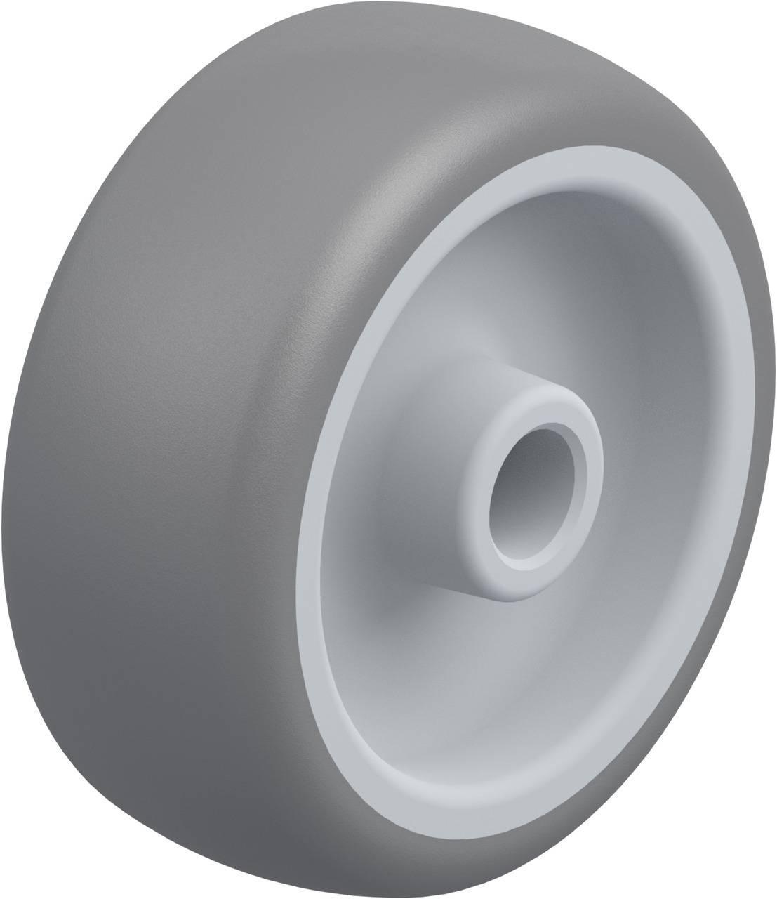 A grey wheel with a smooth surface and a central white hub hole.