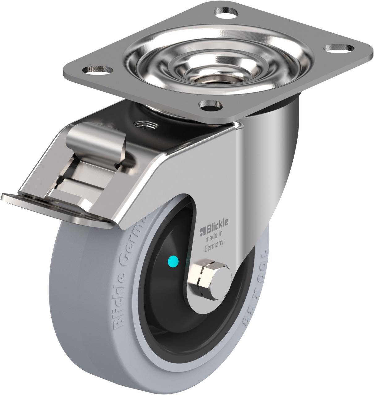 Metal wheel with grey rubber tyre and mounting plate, suitable for industrial applications. Company logo and lettering visible on the side.