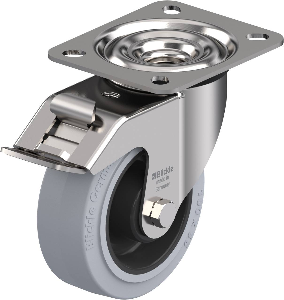 A silver swivel castor with a grey wheel and metal plate on top, suitable for furniture or trolleys for easy movement.