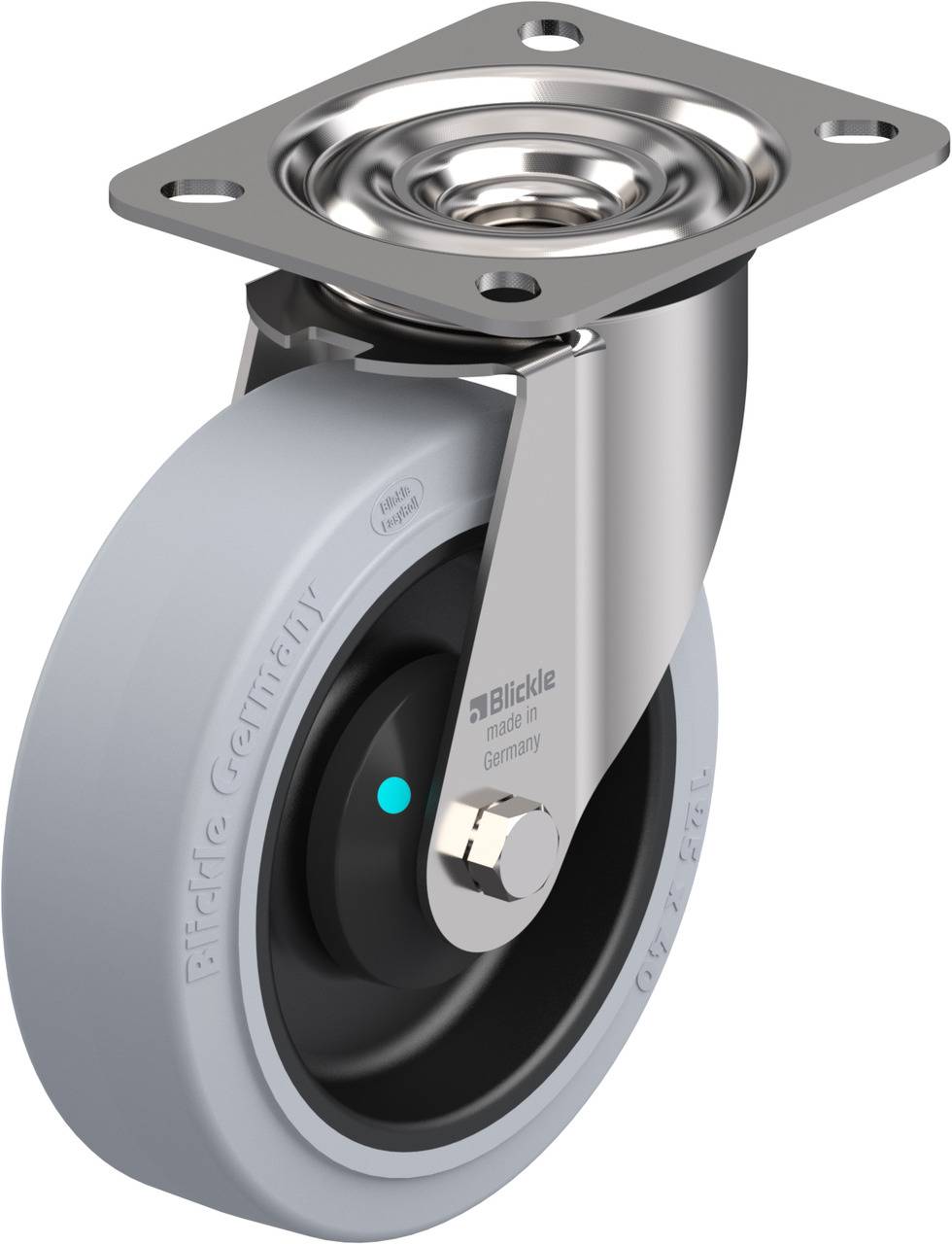 Swivel castor with grey wheel and metal housing. Suitable for industrial applications. Floor mounting via mounting plate.