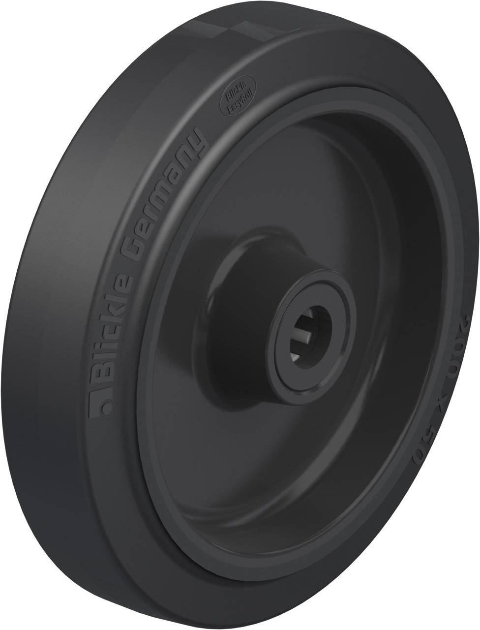 Black wheel with the inscription 'Blickle Germany', robust design, suitable for transport equipment or heavy-duty applications.