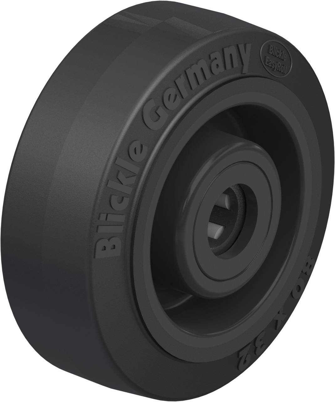 A black wheel with the embossed text 'Blickle Germany', likely part of a castor system; central axle visible.