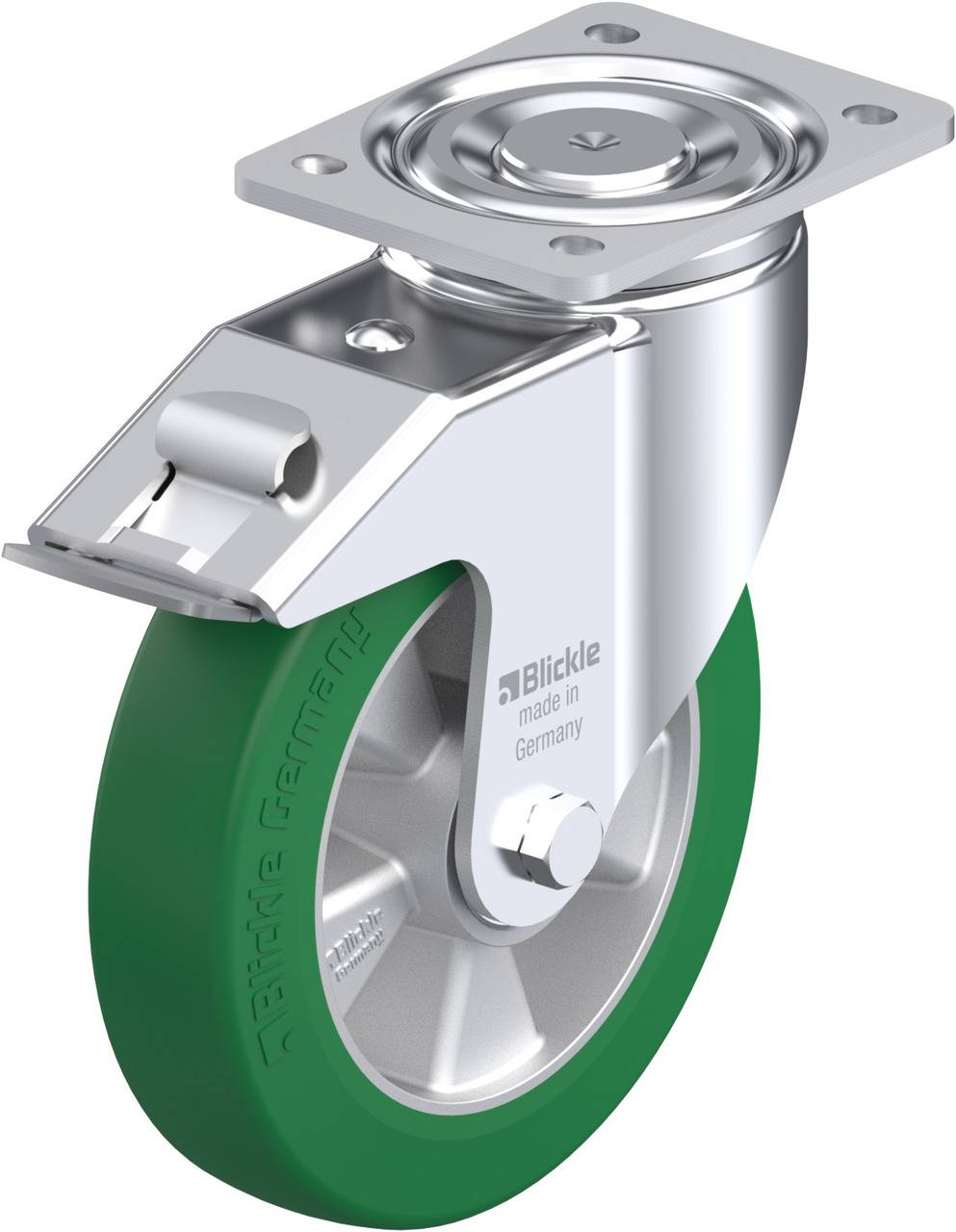 Swivel castor with green rubber tyring and metal plate, manufactured in Germany, suitable for use in industry and furniture manufacturing.