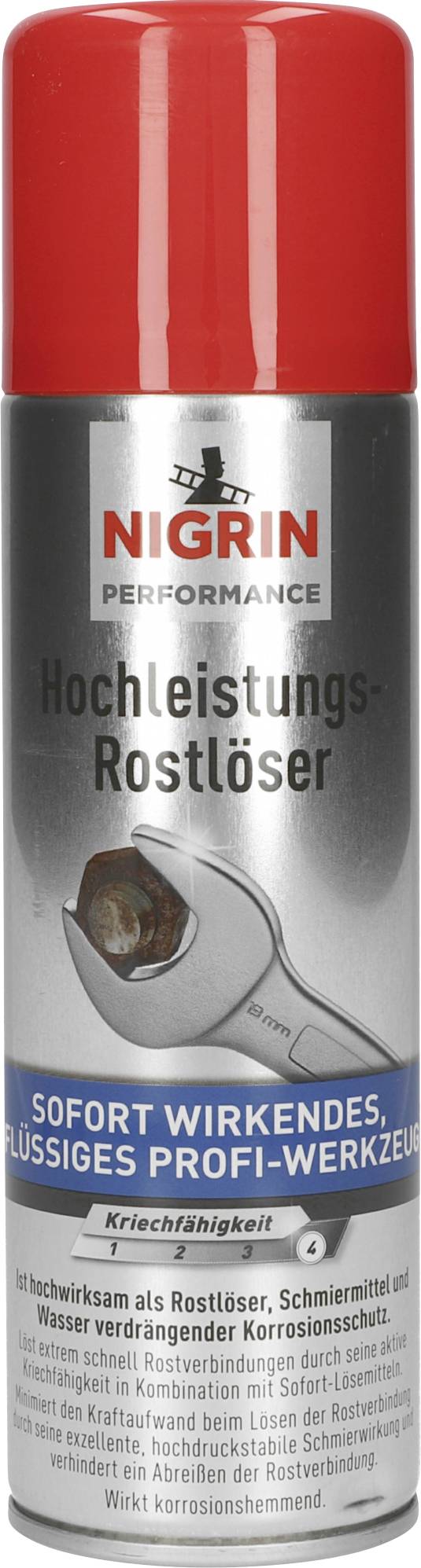 A can of 'Nigrin Performance High-Performance Rust Remover' with red cap. Label highlights its effectiveness against rust and corrosion.