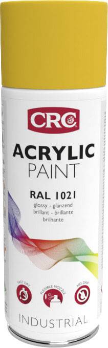 Yellow spray can with the label 'CRC Acrylic Paint RAL 1021'. Additional features: glossy, heat-resistant, quick-drying.