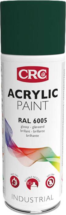 A spray can of acrylic paint, brand CRC, RAL 6005 in dark green, gloss finish. Designed for industrial applications.