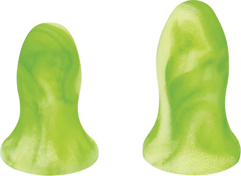 Green earplugs with a swirled pattern, shown in two different sizes side by side on a white background.