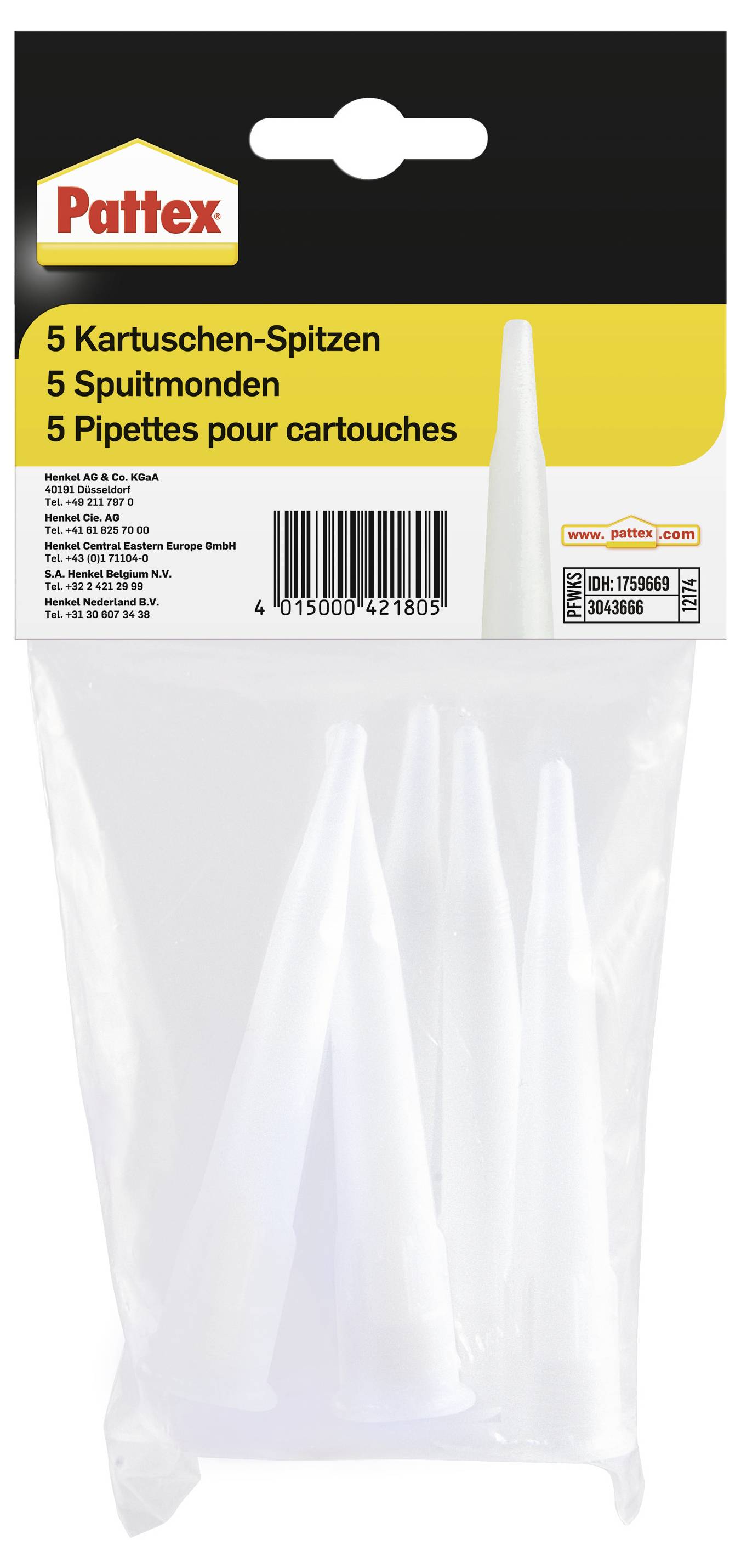 Package of 5 cartridge nozzles for dispensers, labeled in multiple languages, including German, French, and Dutch, by Pattex brand.