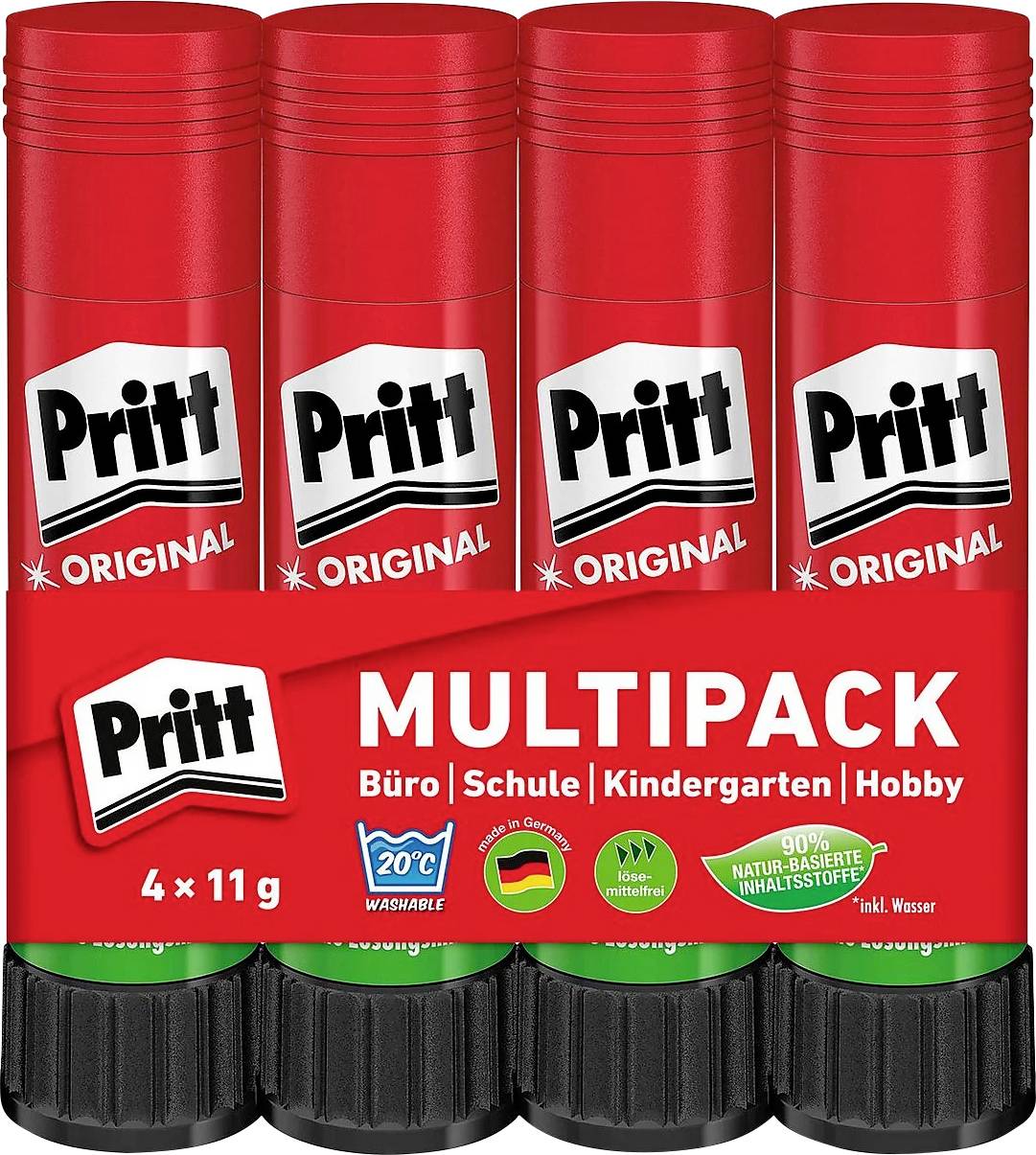 Four red and black Pritt glue sticks in a multipack. Packaging reads 'MULTIPACK', suitable for 'Büro', 'Schule', 'Kindergarten', 'Hobby'.