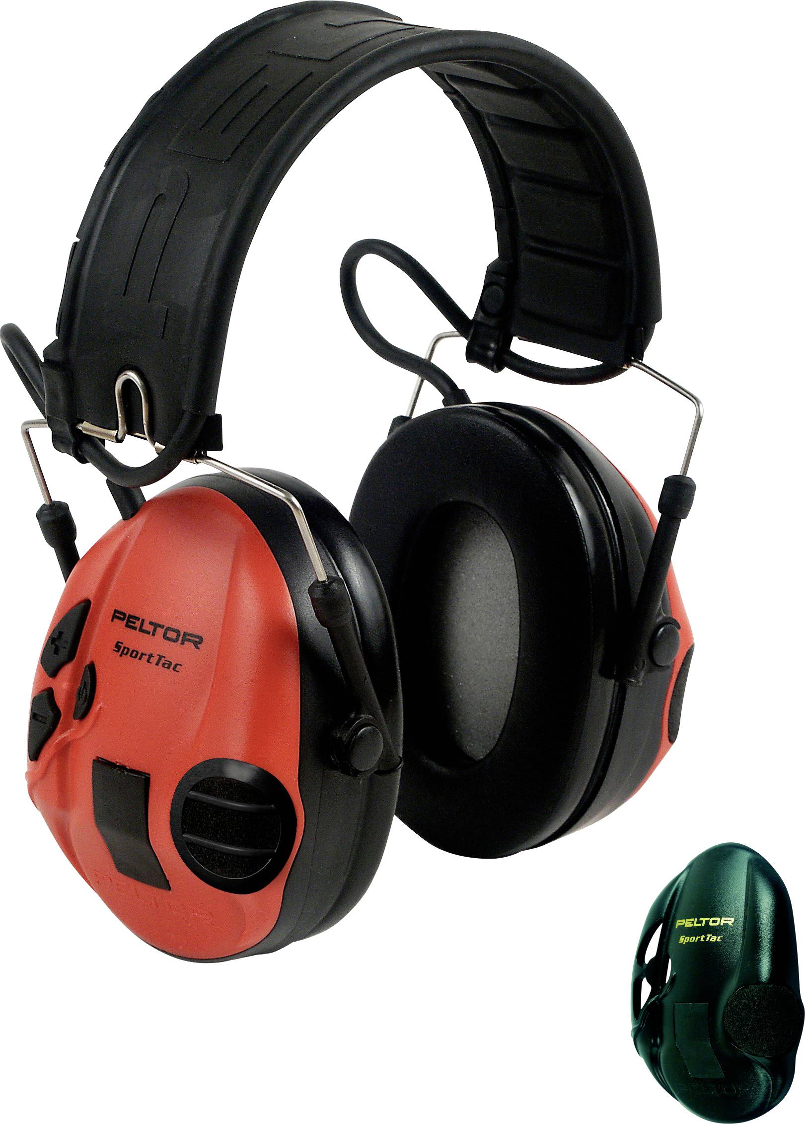 Red and black over-ear hearing protection earmuffs with padded headband, plus a small green folded pair inset on white background.