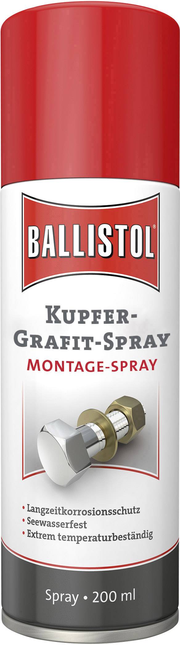 'Copper-Graphite Spray' with red lid, showing two screws on a white background. Labelling: long-term corrosion protection, sea water resistant, extremely temperature-resistant.