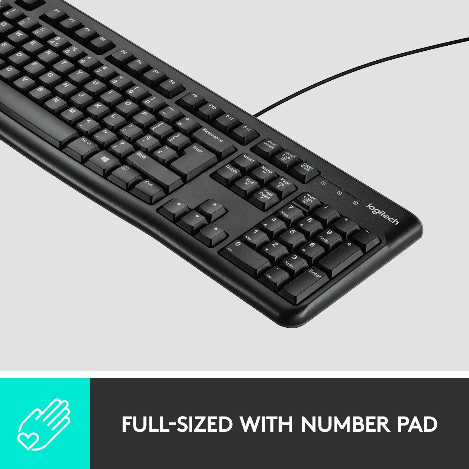 Black standard-sized keyboard with numeric keypad on a grey background. Text below reads: 'Standard size with numeric keypad'.