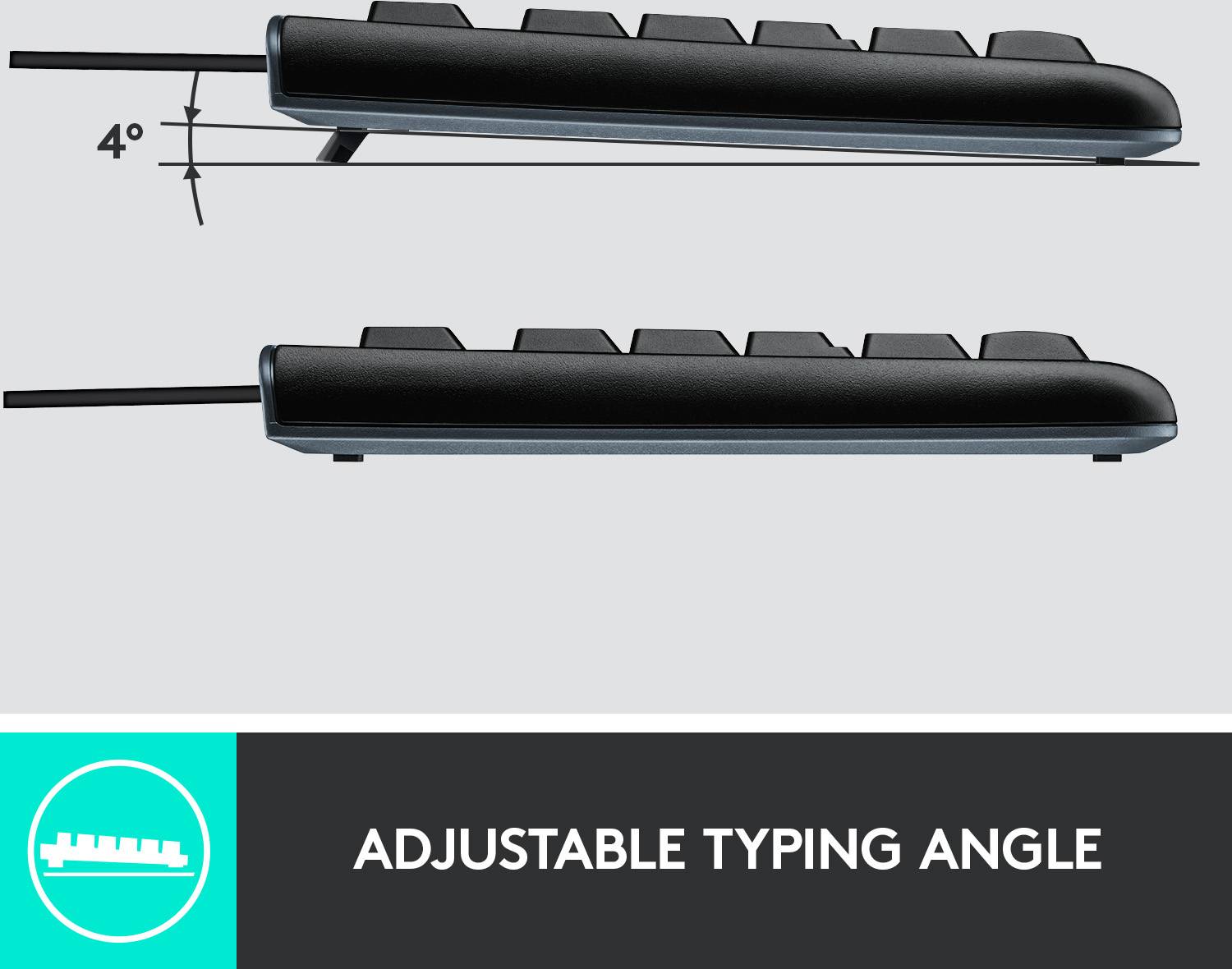 'Adjustable Typing Angle': Image shows an electronic device with two stand positions, raised by 4 degrees and flat.