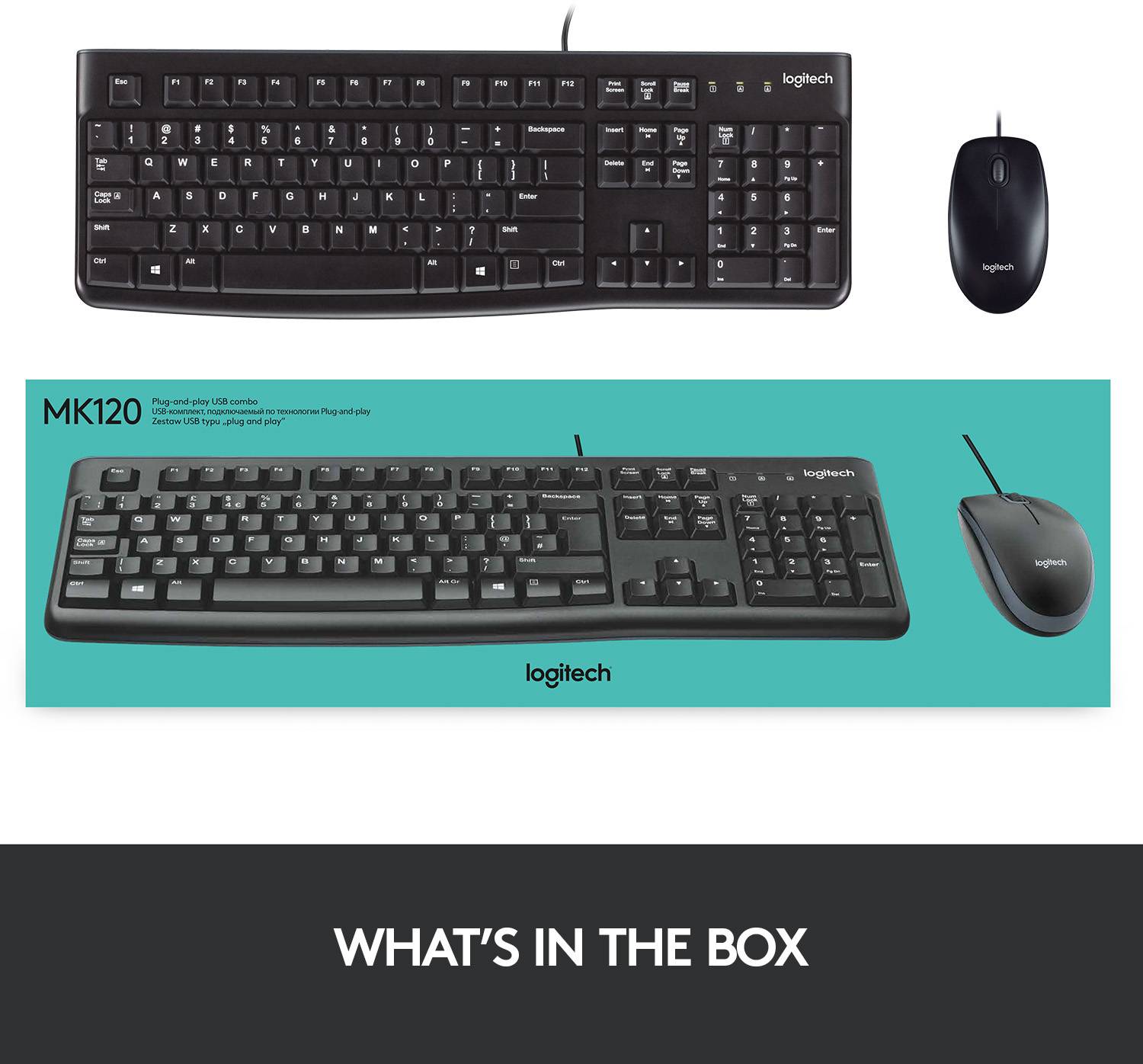 The image shows a Logitech keyboard and mouse with the model number MK120. Both are shown in black.