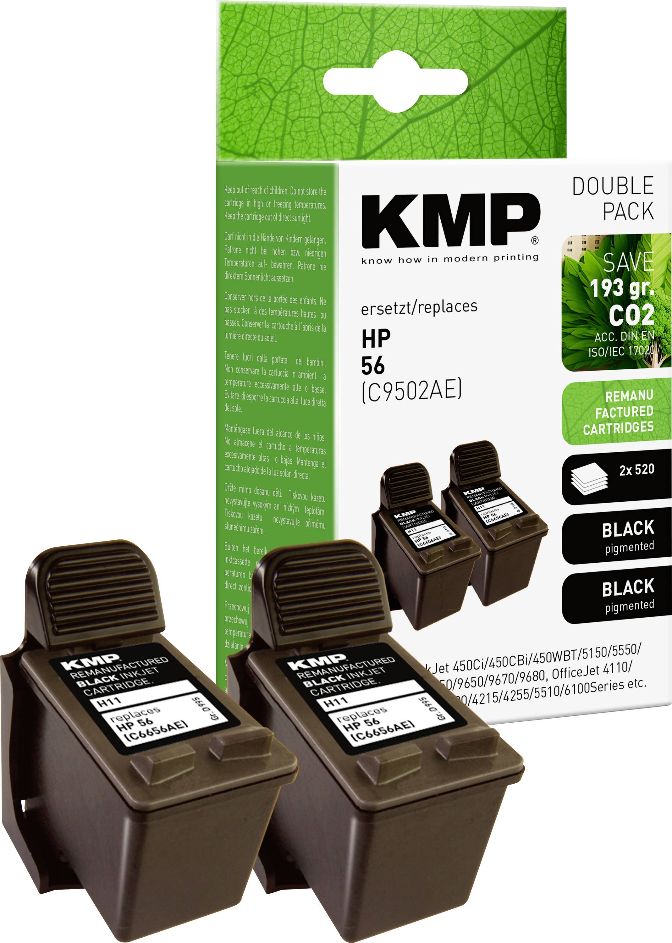 Two black printer cartridges in front of a green packaging with the inscription 'KMP', replacement for HP 56, suitable for multiple printer models.