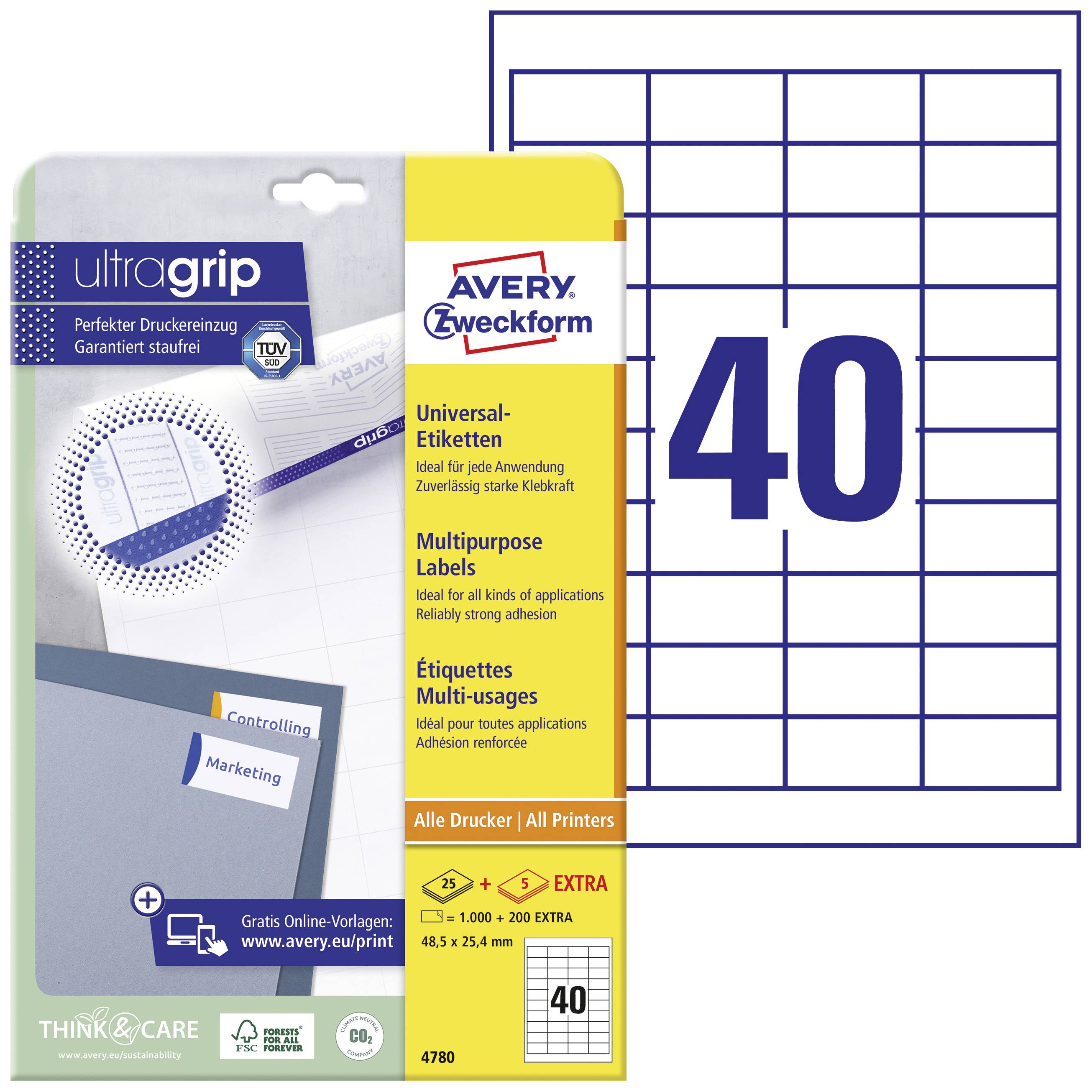 Avery Zweckform Universal Labels with ultragrip, suitable for all printers. Pack contains 40 labels. Includes free online templates.