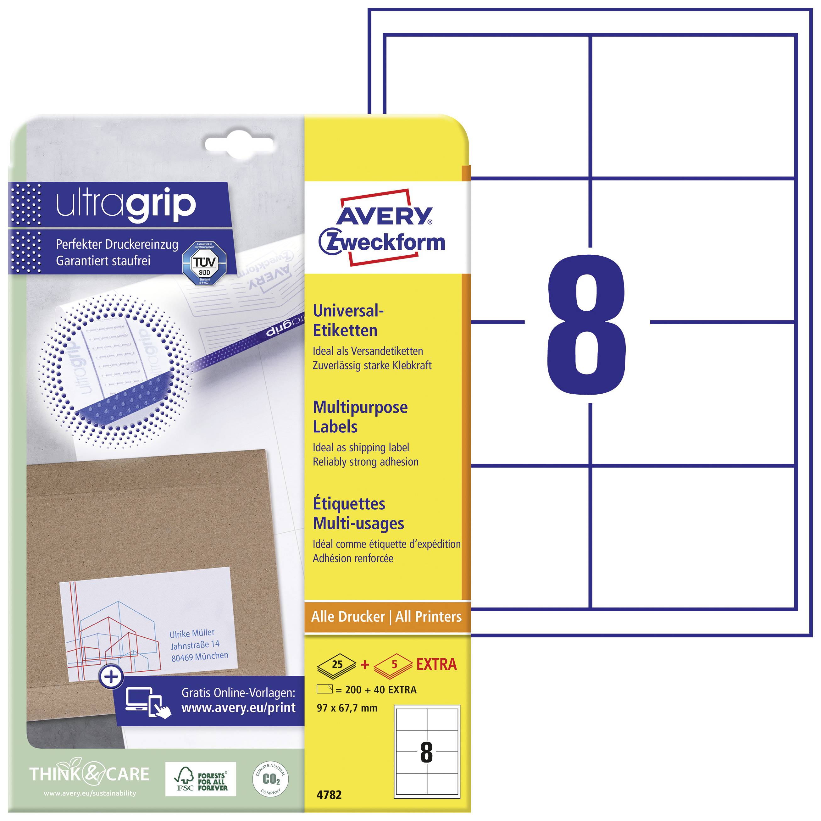 Avery Zweckform label pack, 8 labels per sheet, size 97 x 67.7 mm, universal labels suitable for all printers.