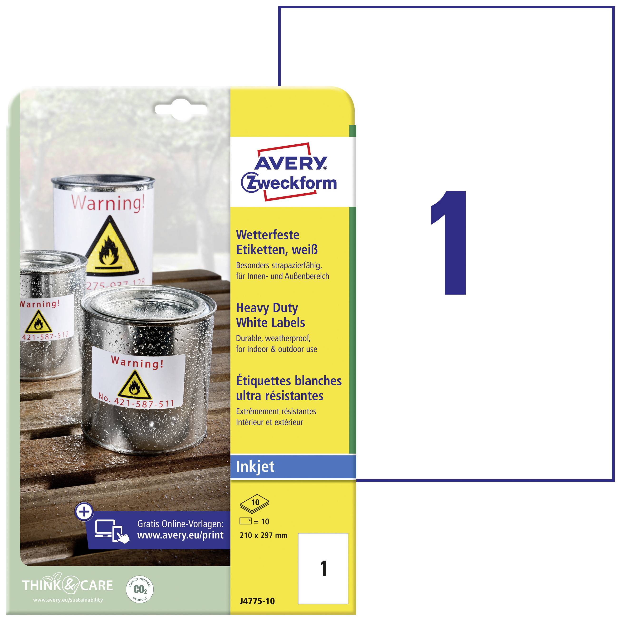 Avery Zweckform label packaging for weatherproof white labels, suitable for inkjet printers. Contains three warning signs.