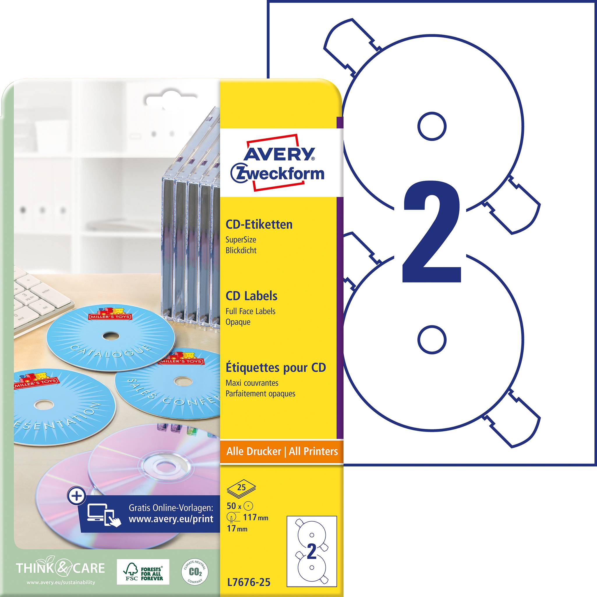 Packaging with Avery CD labels. Contains an image of labels on CDs, instructions and a '2' for centring. Suitable for all printers.