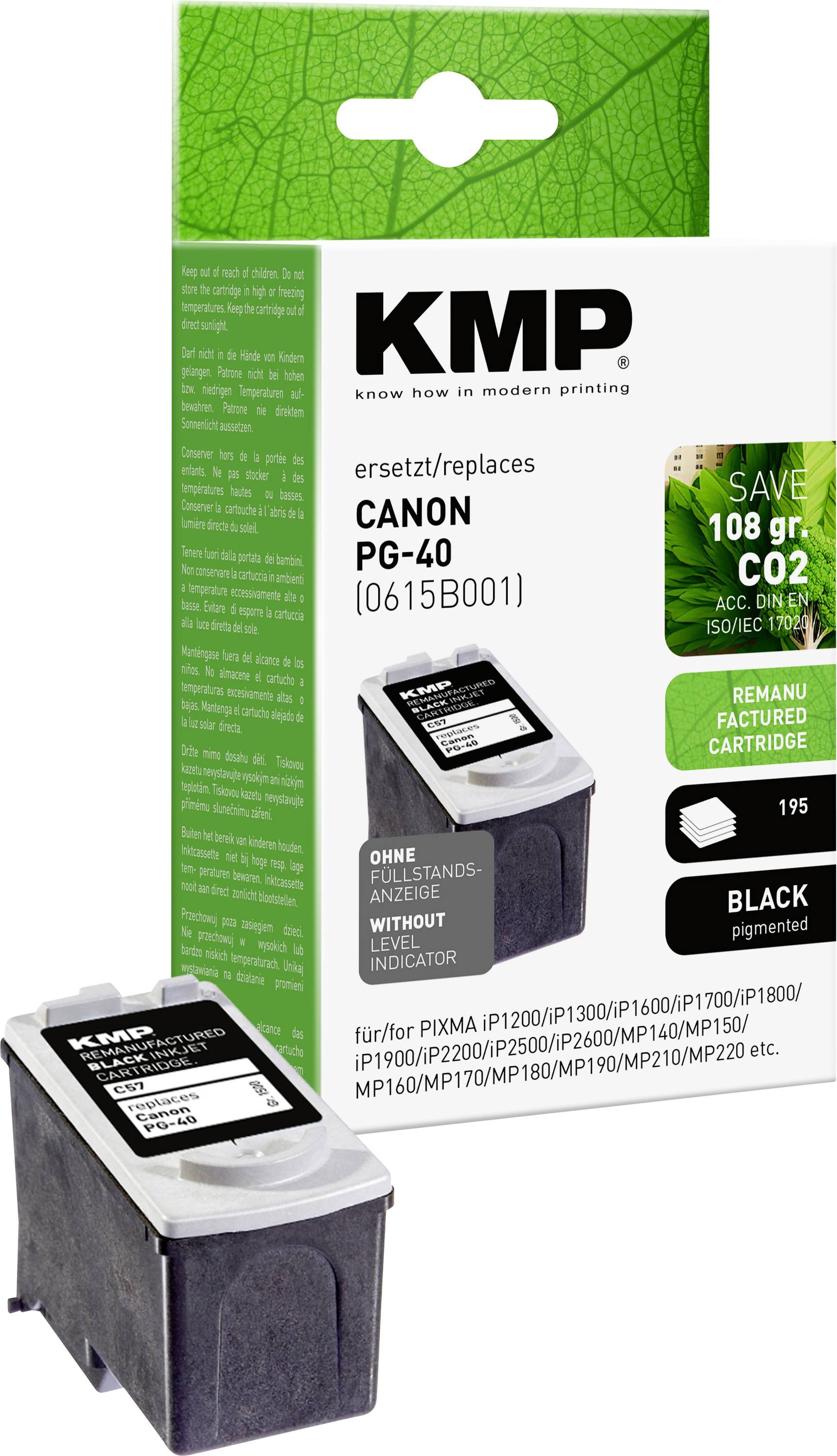 A KMP ink cartridge, replacing Canon PG-40, 195 pages, black, remanufactured. Packaging shows brand name and details.