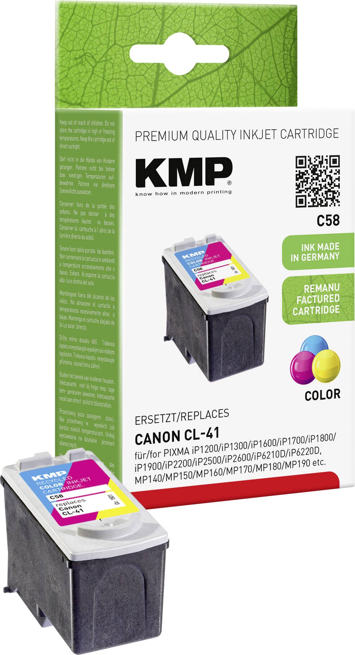 Ink cartridge by KMP for Canon printers, Model CL-41, with colour printing function. Packaging displays an image of the cartridge.