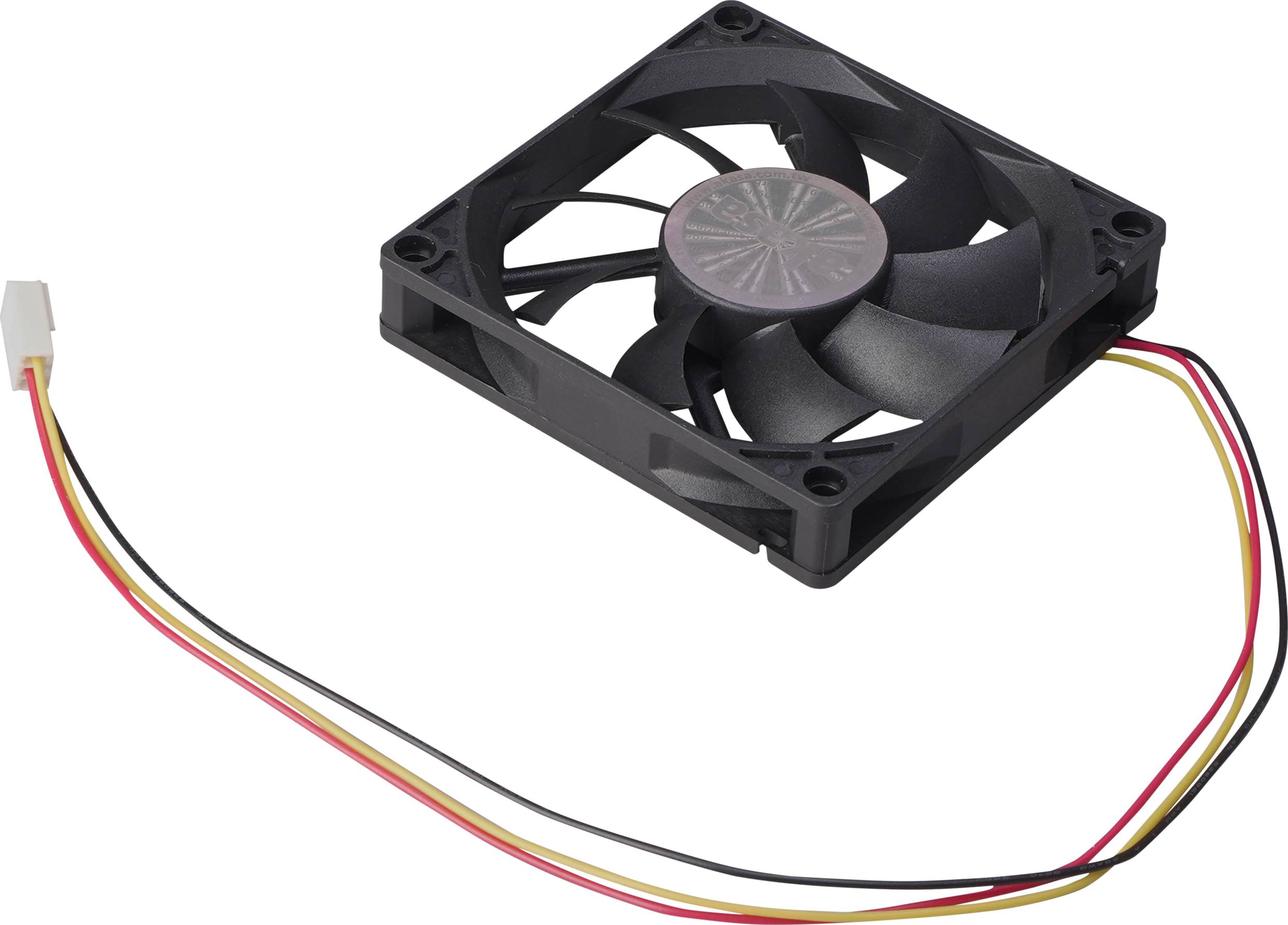 A black computer fan with three cables in the colours black, red and yellow, used for cooling computer components.