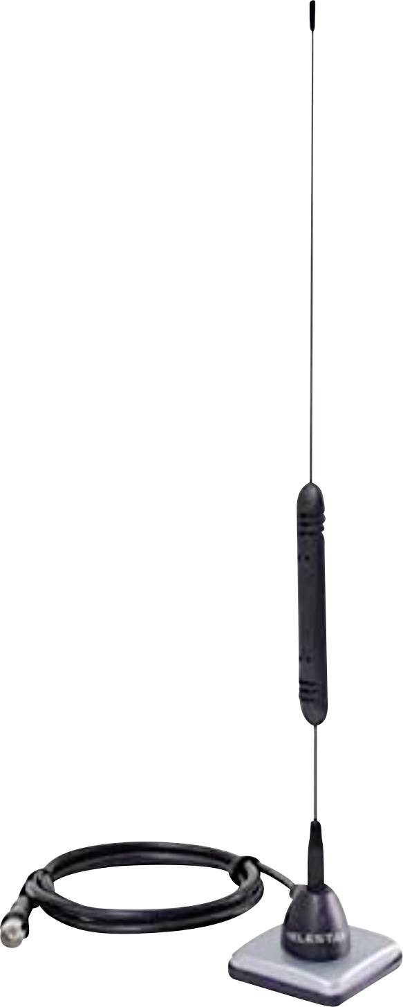 Tall, slim radio antenna with a black base and attached cable, designed for communication purposes.