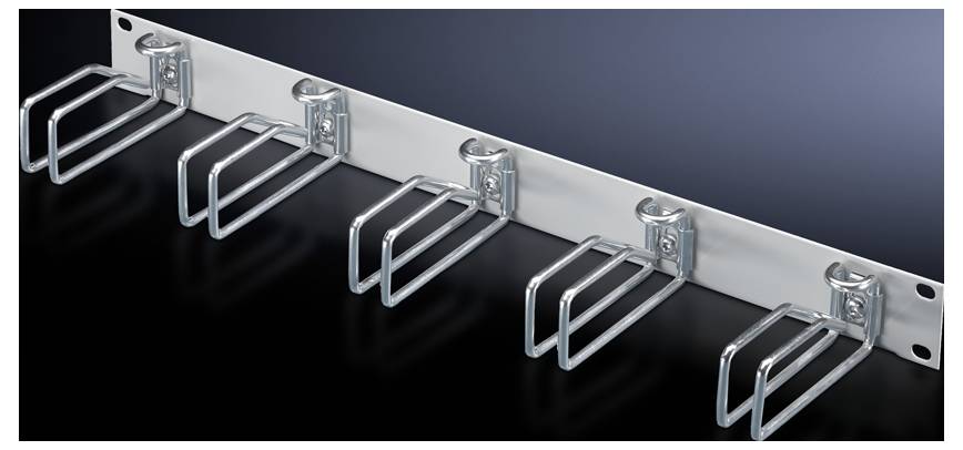 A grey metal cable organiser with six curved brackets for neat cable management on a wall or in a server cabinet.
