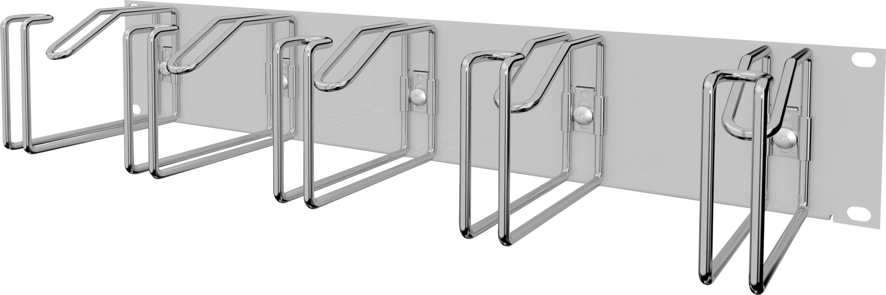 A silver cable management organiser for wall mounting with five holders that provide space for multiple cables.