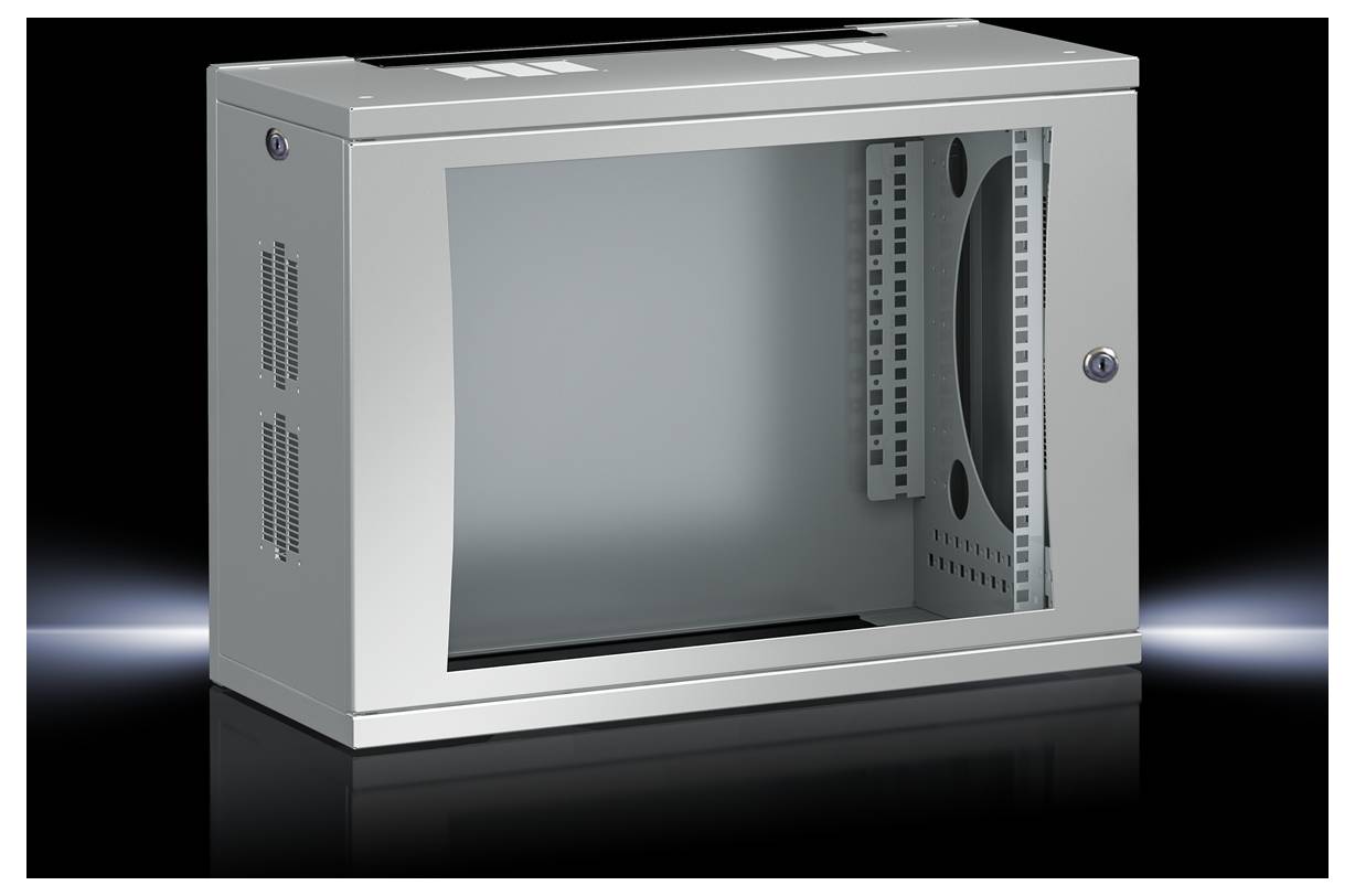 Silver wall-mountable rack enclosure with a glass door, for housing IT equipment, featuring ventilation slots on the sides.