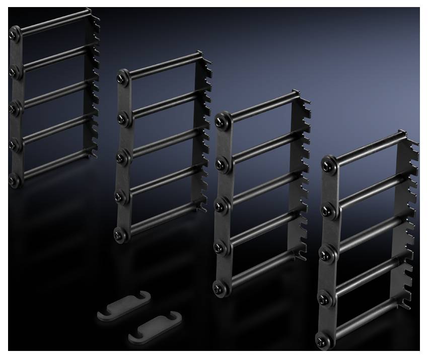 Four black mountings with multiple horizontal bars are arranged on a dark background. Two removable parts are located at the front.
